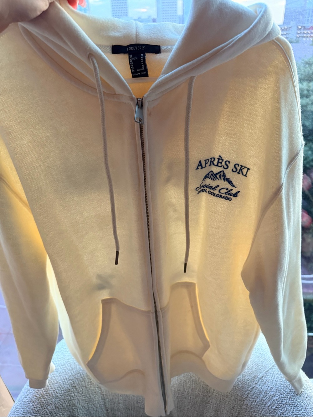 Forever 21 Cream Zip Hoodie with Navy Logo